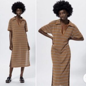 ZARA Collared Mustard Yellow '70s Style Retro Knit Striped Midi Knit Dress (W-3)